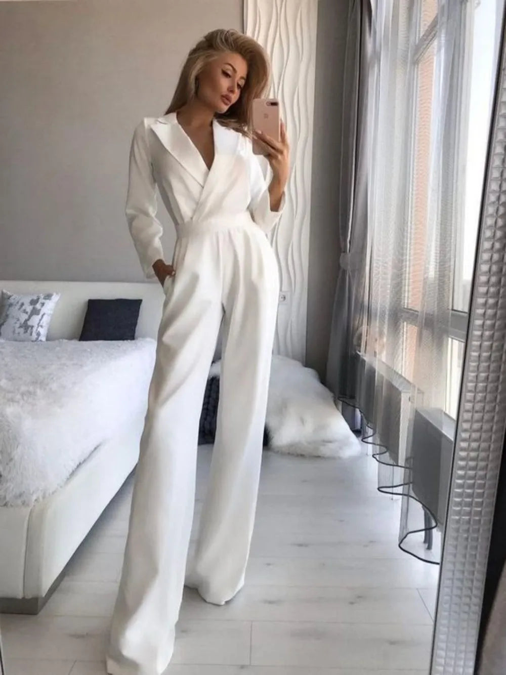 Women's Tailored Jumpsuit with Wrap Front and Wide Leg Design