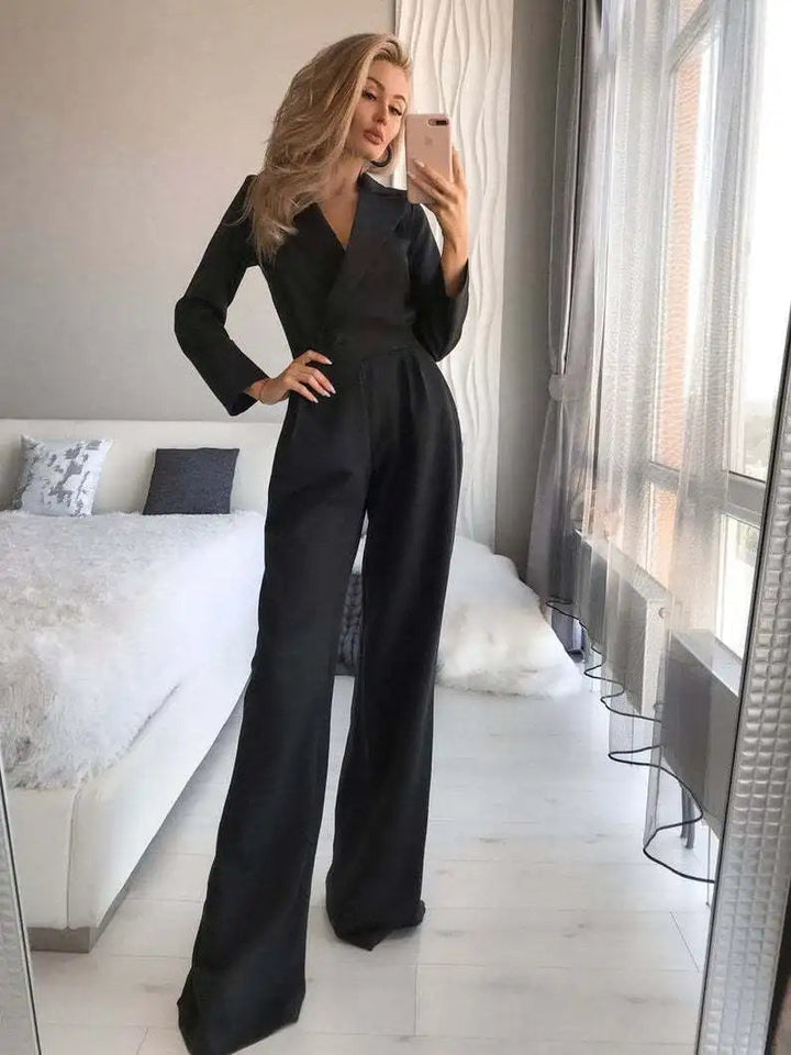 Women's Tailored Jumpsuit with Wrap Front and Wide Leg Design