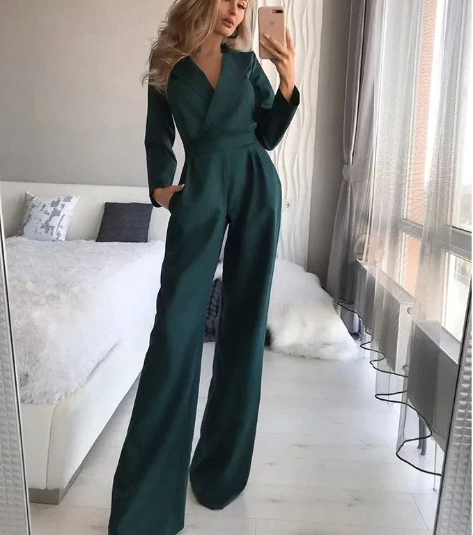 Women's Tailored Jumpsuit with Wrap Front and Wide Leg Design