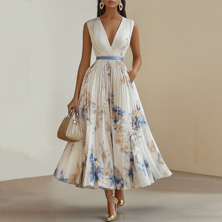 Women's Floral Midi Dress with V Neck and Long Sleeves