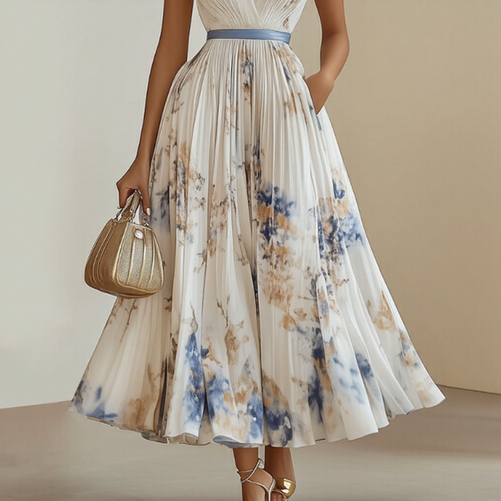 Women's Floral Midi Dress with V Neck and Long Sleeves