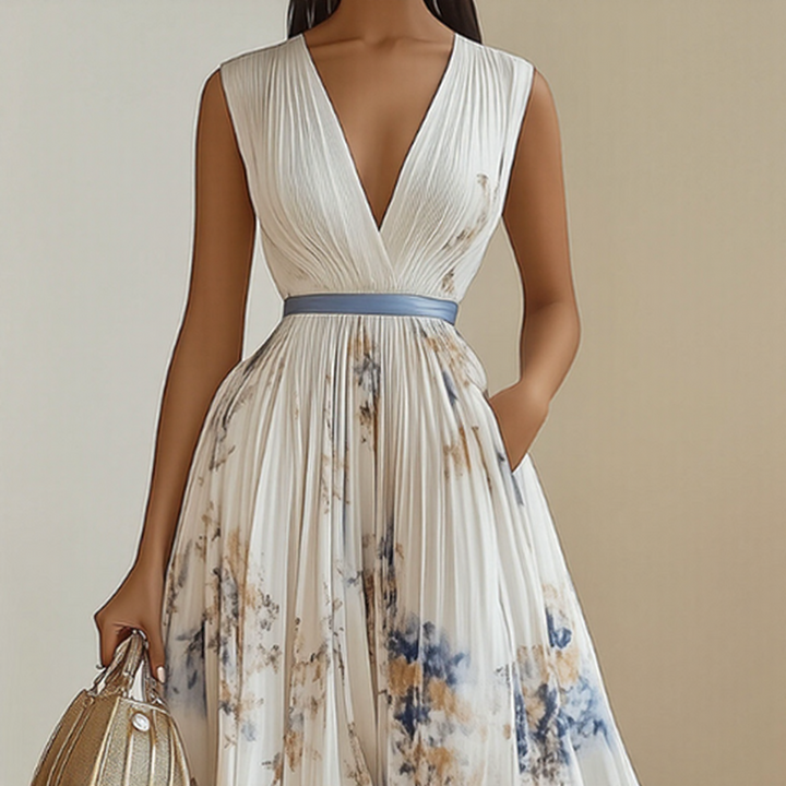 Women's Floral Midi Dress with V Neck and Long Sleeves