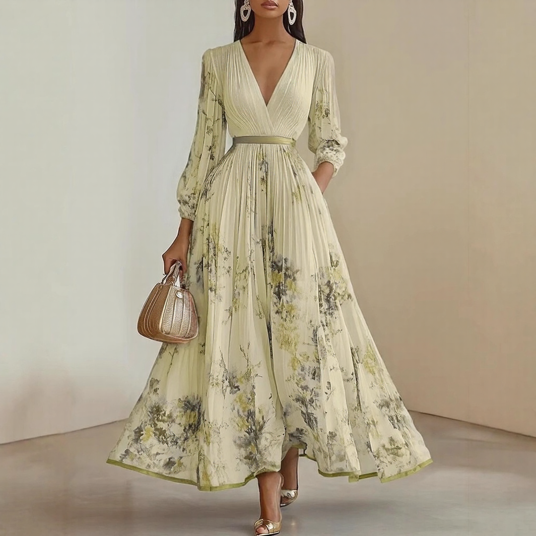 Women's Floral Midi Dress with V Neck and Long Sleeves
