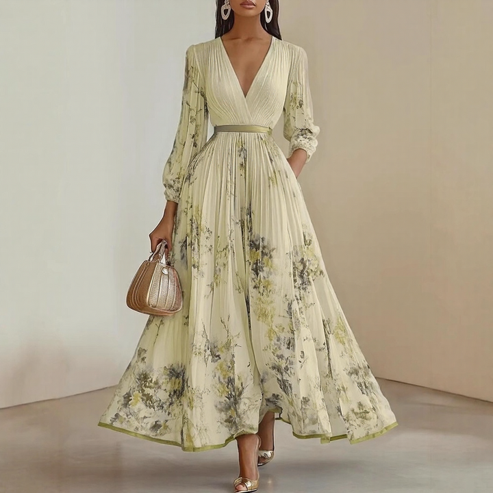 Women's Floral Midi Dress with V Neck and Long Sleeves