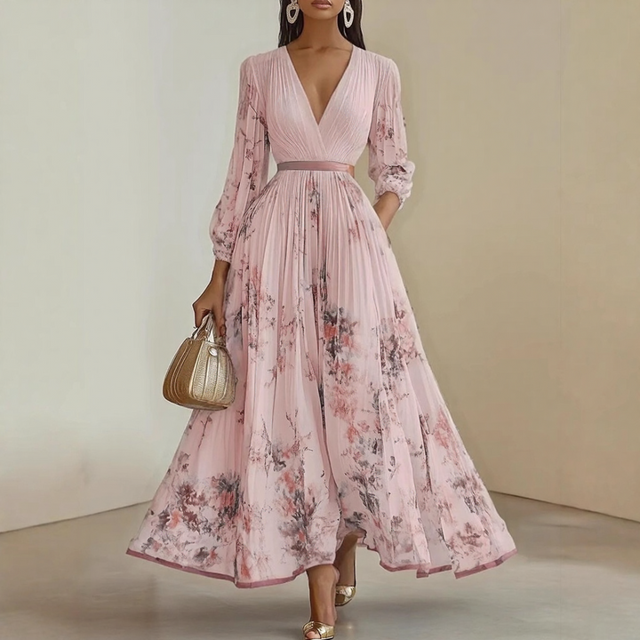 Women's Floral Midi Dress with V Neck and Long Sleeves