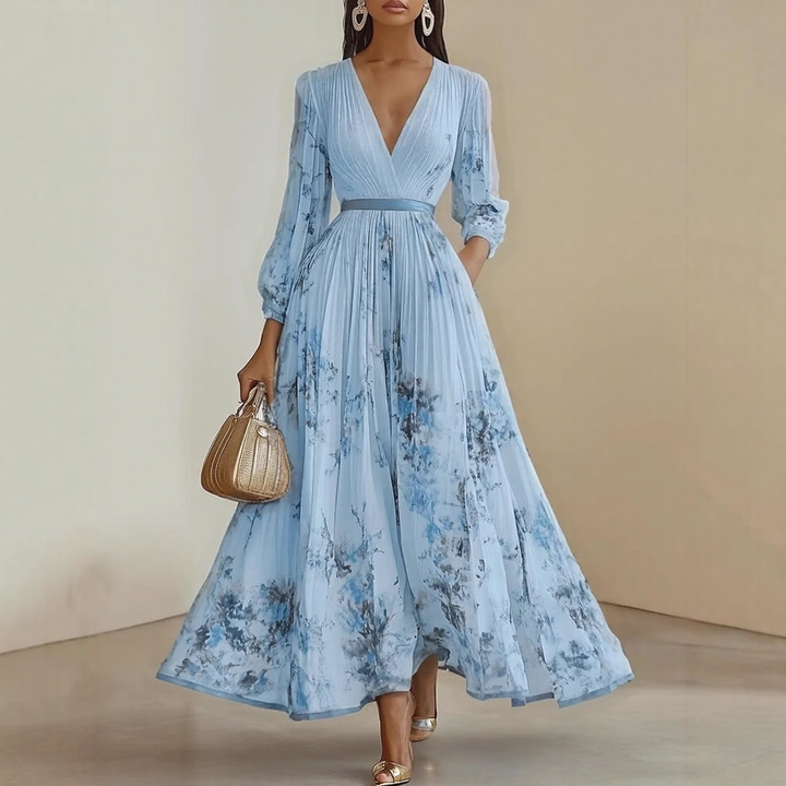 Women's Floral Midi Dress with V Neck and Long Sleeves