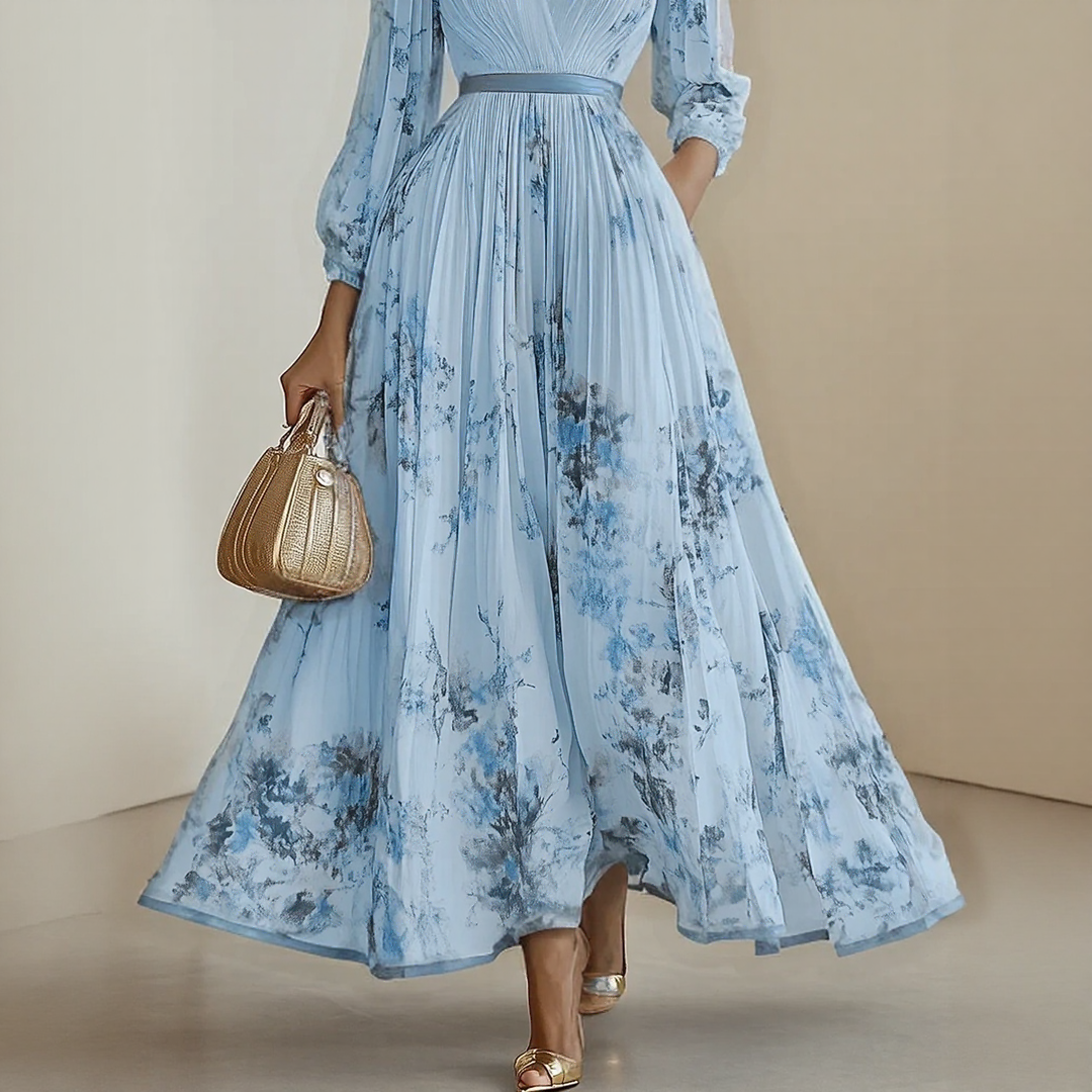 Women's Floral Midi Dress with V Neck and Long Sleeves
