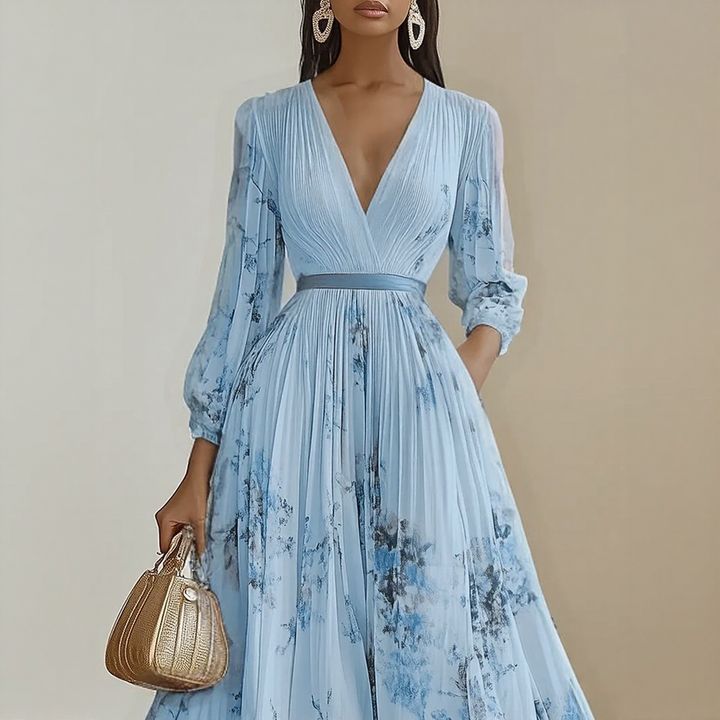 Women's Floral Midi Dress with V Neck and Long Sleeves