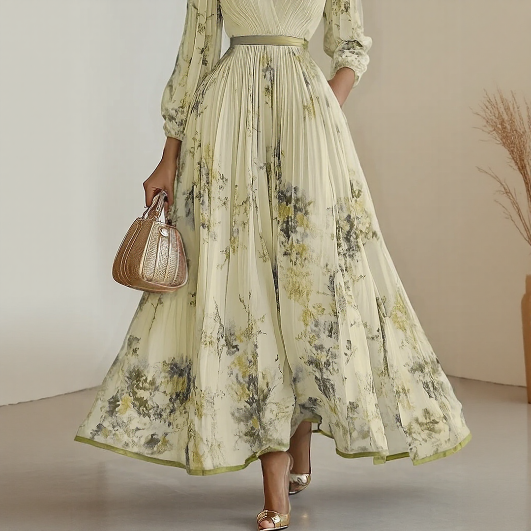 Women's Floral Midi Dress with V Neck and Long Sleeves