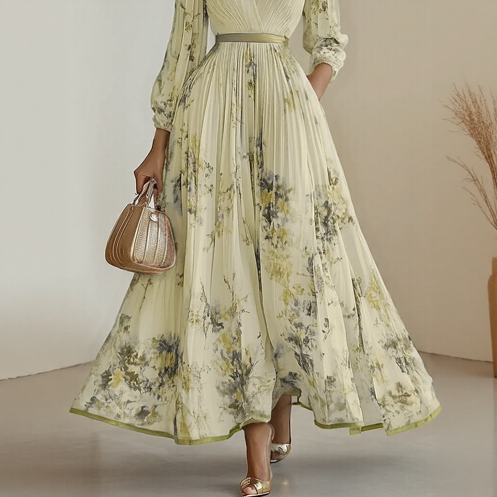 Women's Floral Midi Dress with V Neck and Long Sleeves