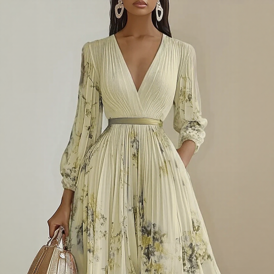 Women's Floral Midi Dress with V Neck and Long Sleeves