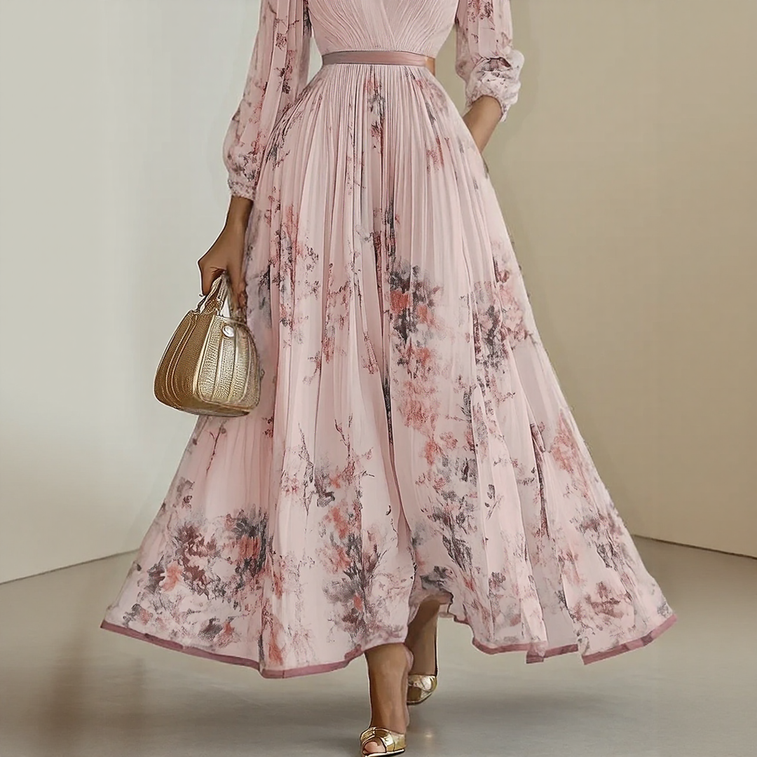 Women's Floral Midi Dress with V Neck and Long Sleeves