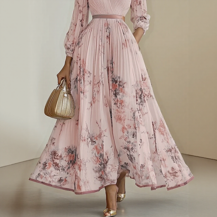 Women's Floral Midi Dress with V Neck and Long Sleeves