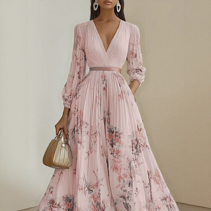 Women's Floral Midi Dress with V Neck and Long Sleeves