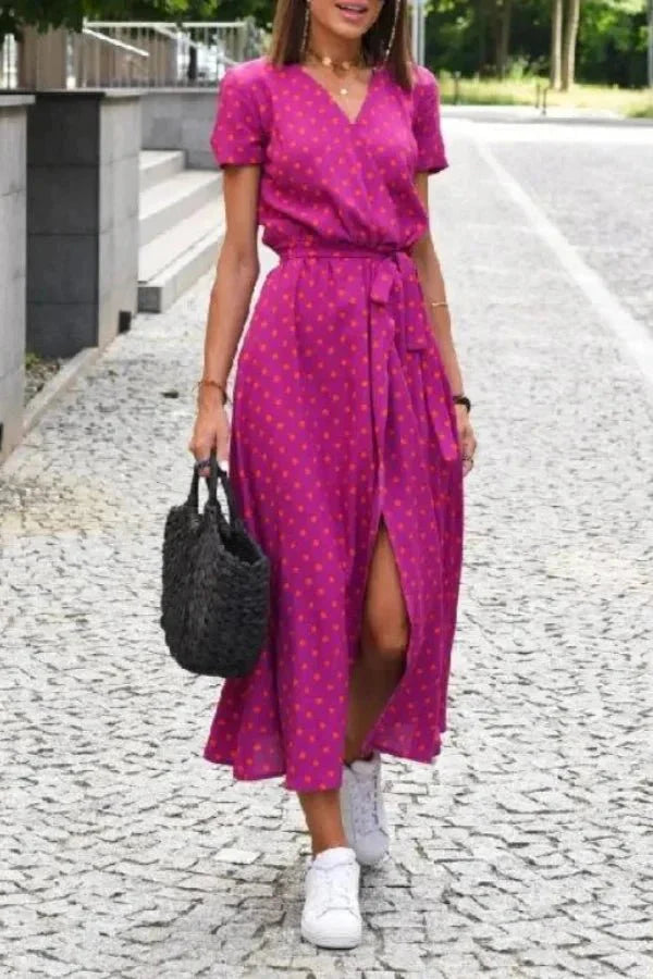 Women's Wedding Guest Floral Wrap Midi Dress with Tie Waist