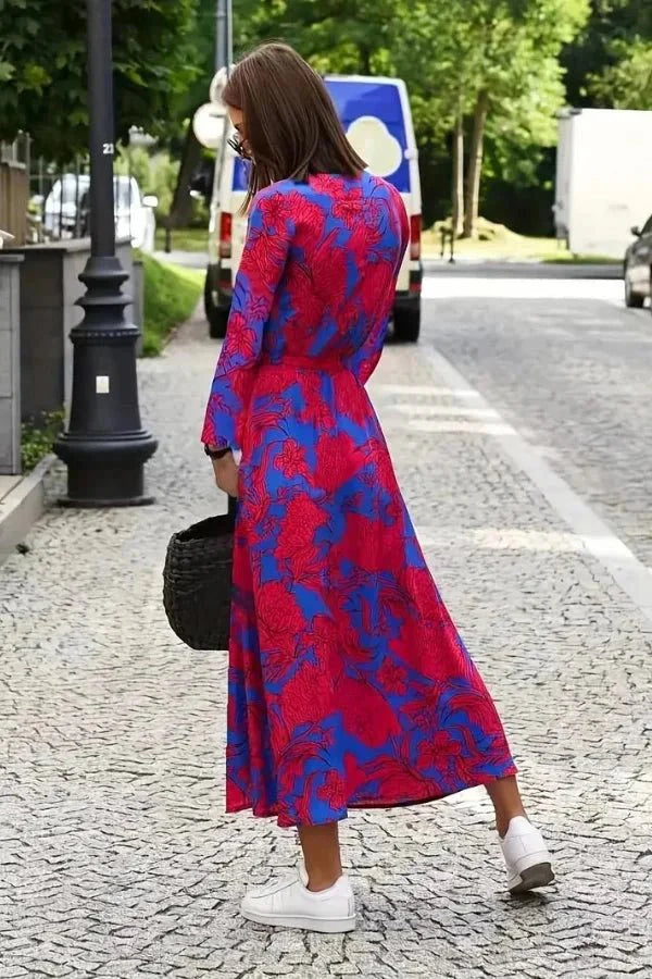 Women's Wedding Guest Floral Wrap Midi Dress with Tie Waist