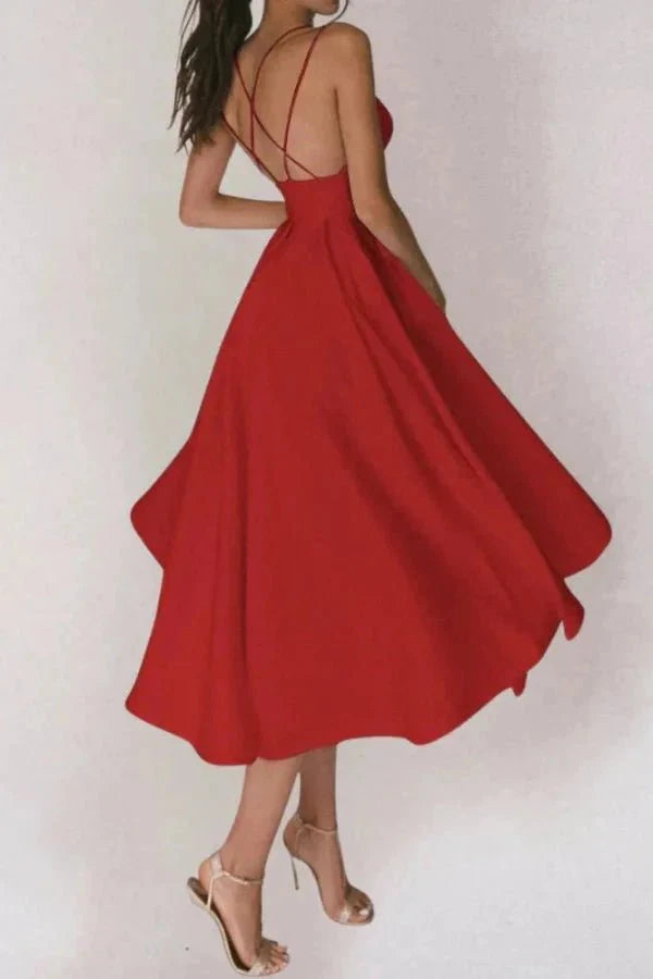 Women's Wedding Guest V Neck Midi Dress with A-Line Skirt