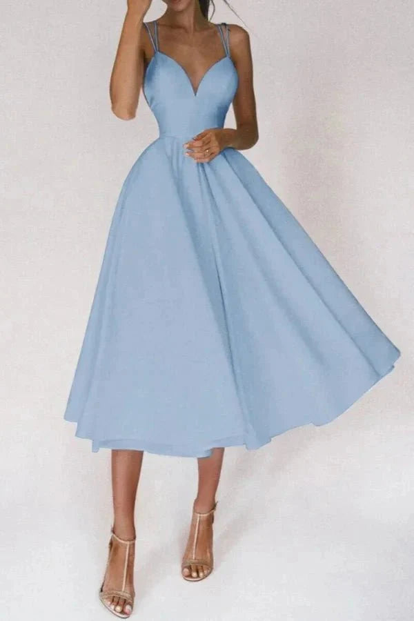Women's Wedding Guest V Neck Midi Dress with A-Line Skirt