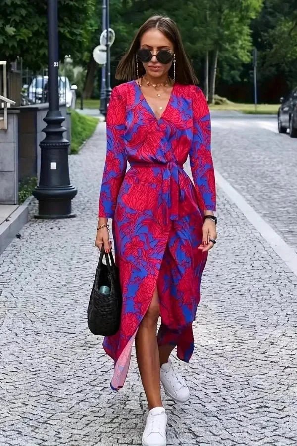 Women's Wedding Guest Floral Wrap Midi Dress with Tie Waist