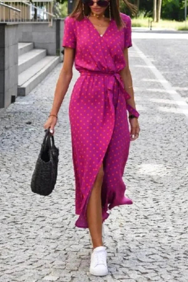 Women's Wedding Guest Floral Wrap Midi Dress with Tie Waist