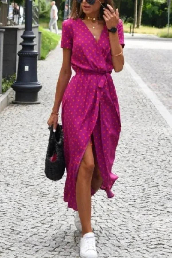 Women's Wedding Guest Floral Wrap Midi Dress with Tie Waist