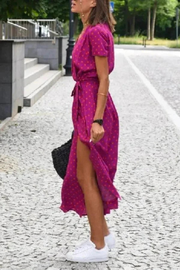 Women's Wedding Guest Floral Wrap Midi Dress with Tie Waist