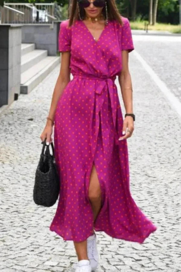 Women's Wedding Guest Floral Wrap Midi Dress with Tie Waist