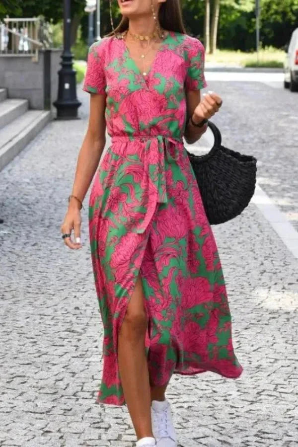 Women's Wedding Guest Floral Wrap Midi Dress with Tie Waist