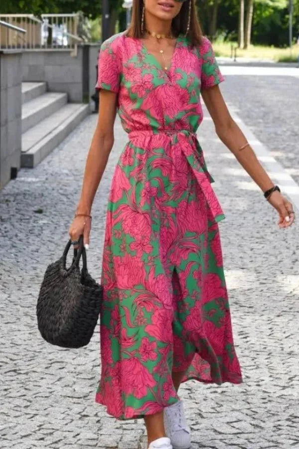 Women's Wedding Guest Floral Wrap Midi Dress with Tie Waist