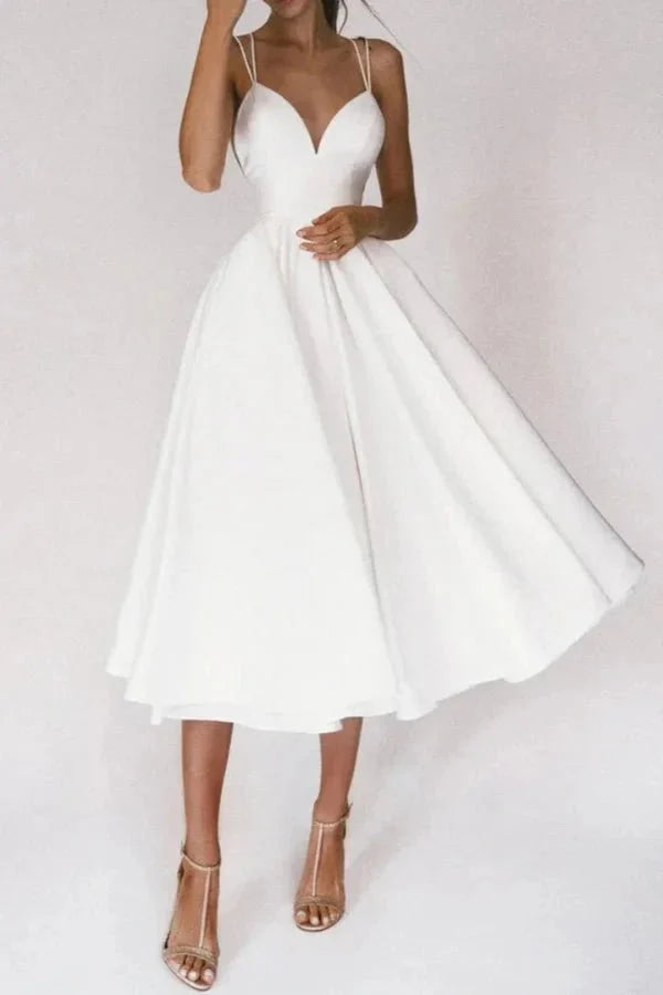 Women's Wedding Guest V Neck Midi Dress with A-Line Skirt