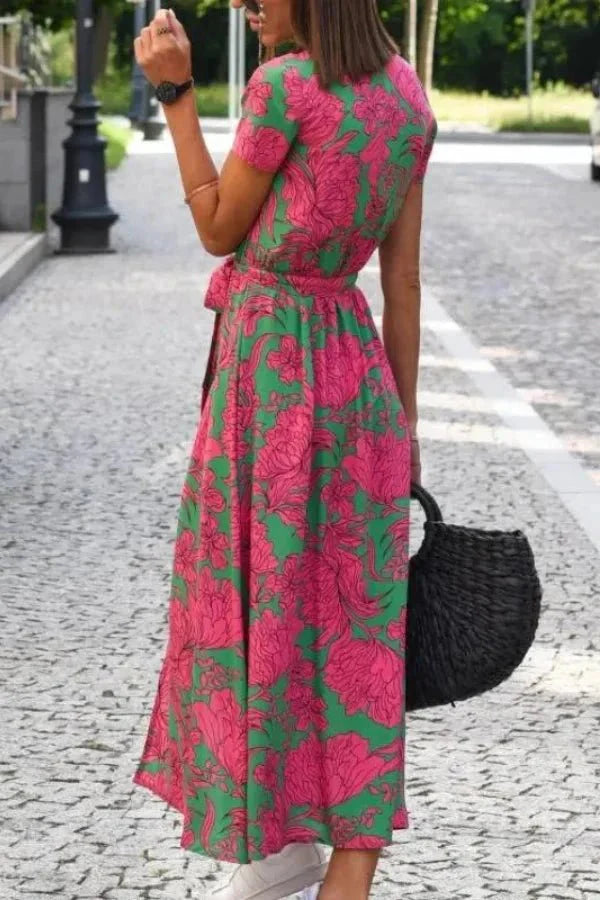 Women's Wedding Guest Floral Wrap Midi Dress with Tie Waist