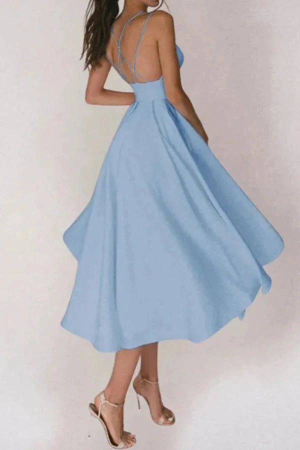 Women's Wedding Guest V Neck Midi Dress with A-Line Skirt