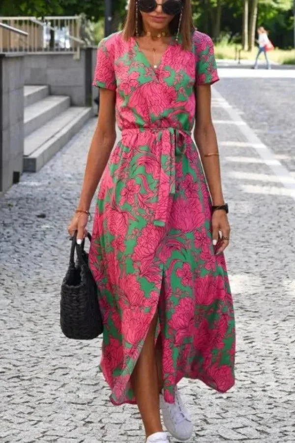 Women's Wedding Guest Floral Wrap Midi Dress with Tie Waist