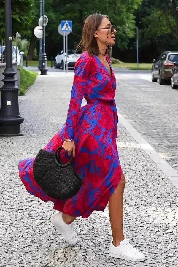 Women's Wedding Guest Floral Wrap Midi Dress with Tie Waist