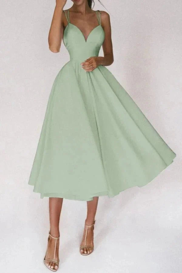 Women's Wedding Guest V Neck Midi Dress with A-Line Skirt