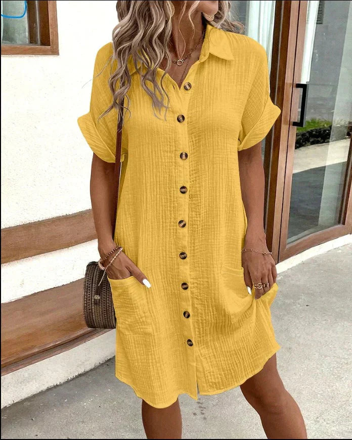 Women's Summer Shirt Dress with Button Front and Short Sleeves