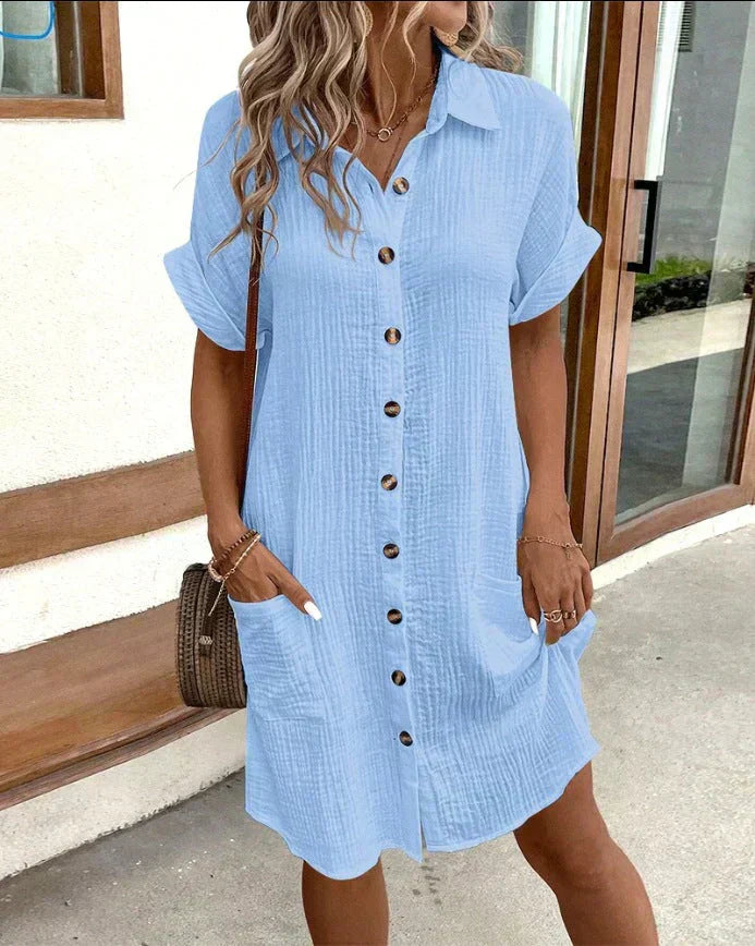 Women's Summer Shirt Dress with Button Front and Short Sleeves