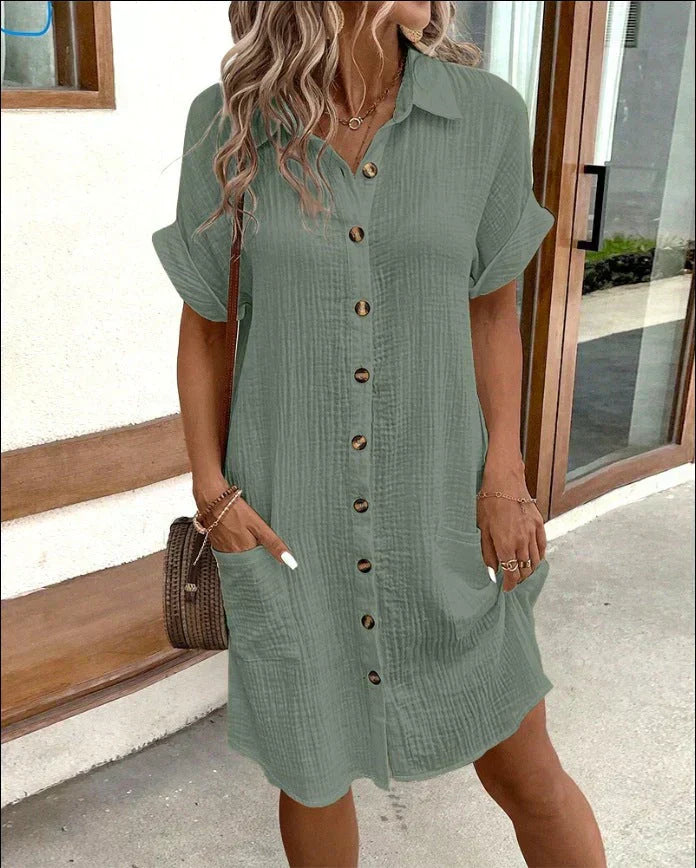 Women's Summer Shirt Dress with Button Front and Short Sleeves