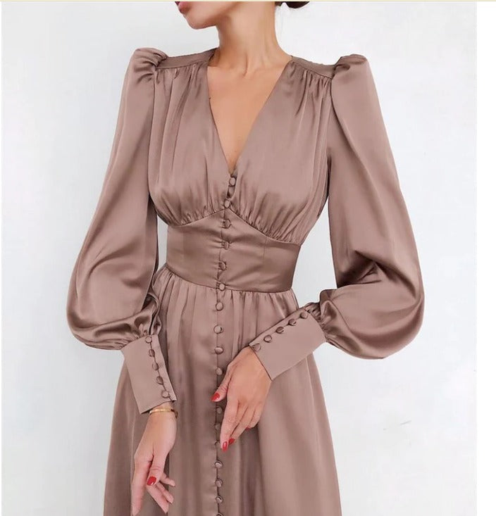 Women's Ruched Midi Dress with V Neck and Balloon Sleeves