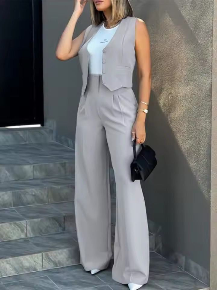 Women's Tailored Co-Ord Set with Sleeveless Waistcoat and Wide Leg Trousers