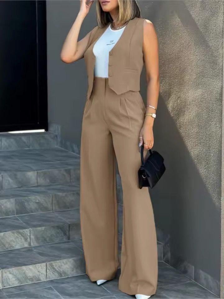 Women's Tailored Co-Ord Set with Sleeveless Waistcoat and Wide Leg Trousers