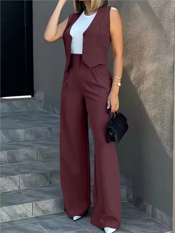 Women's Tailored Co-Ord Set with Sleeveless Waistcoat and Wide Leg Trousers
