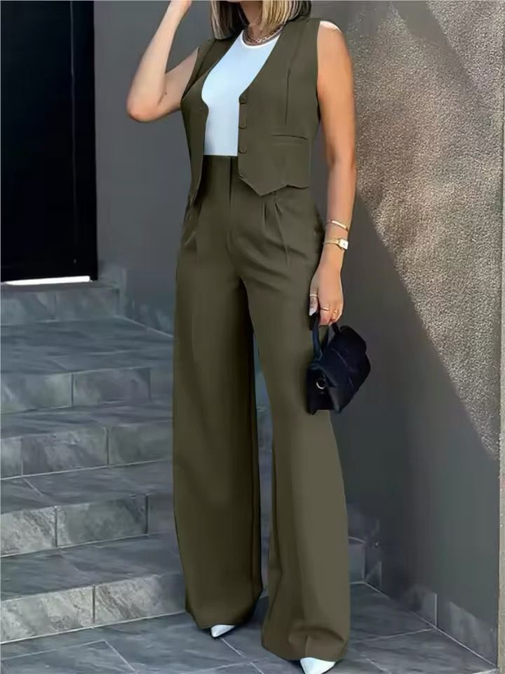 Women's Tailored Co-Ord Set with Sleeveless Waistcoat and Wide Leg Trousers