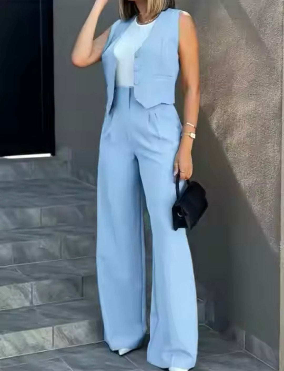 Women's Tailored Co-Ord Set with Sleeveless Waistcoat and Wide Leg Trousers