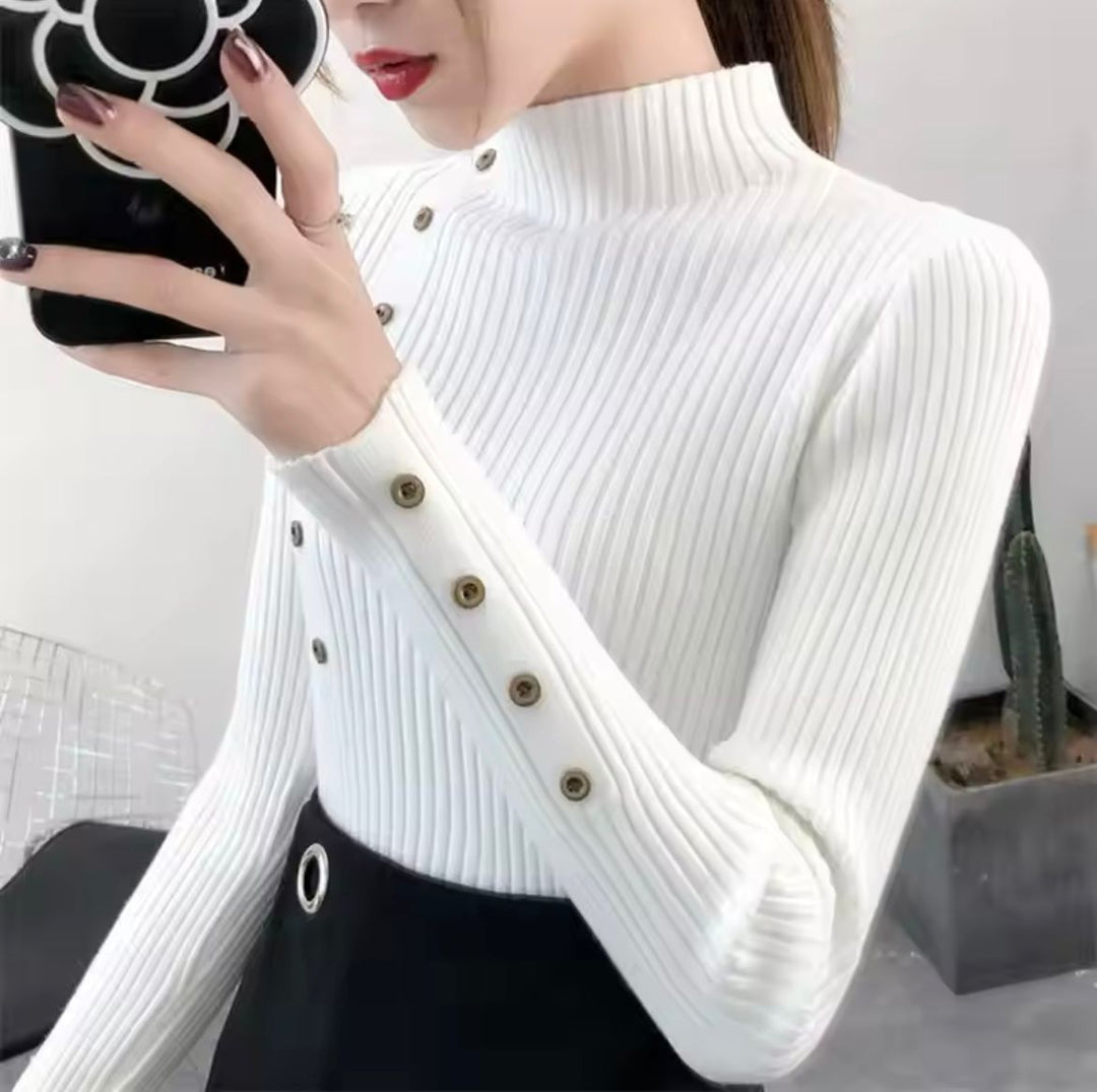 Women's Knitted Jumper with High Neck and Button Detail