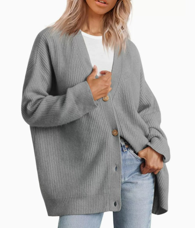 Women's Striped Knit Cardigan with V Neck and Button Front