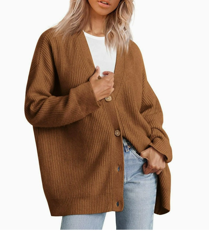 Women's Striped Knit Cardigan with V Neck and Button Front