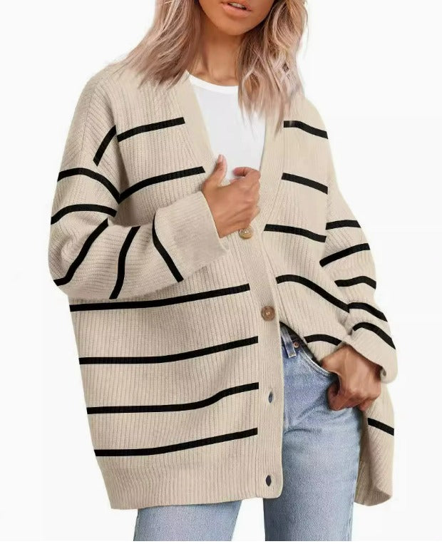 Women's Striped Knit Cardigan with V Neck and Button Front