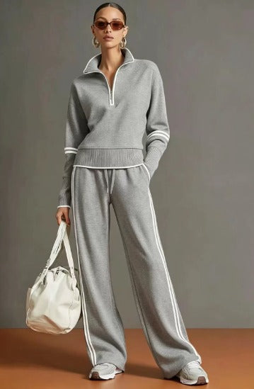 Women's Relaxed Co-Ord Set with Zip Front Top and Wide Leg Trousers
