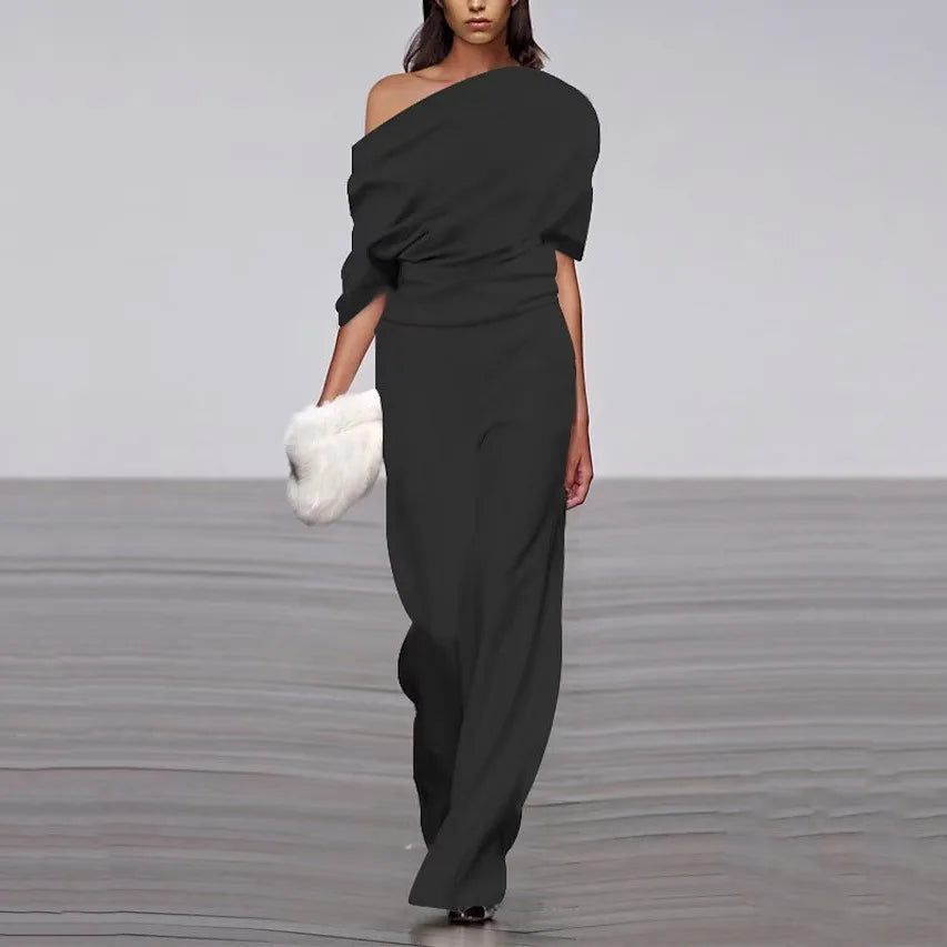 Women's One Shoulder Jumpsuit with Wide Leg Design